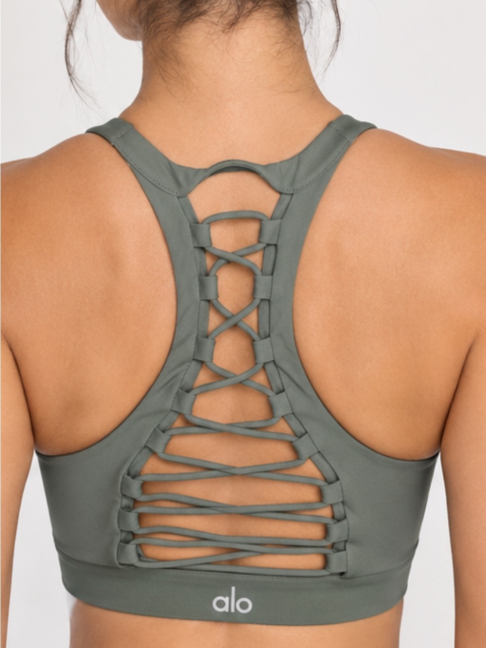 ALO Yoga Sage Green Lace-Back Sports Bra